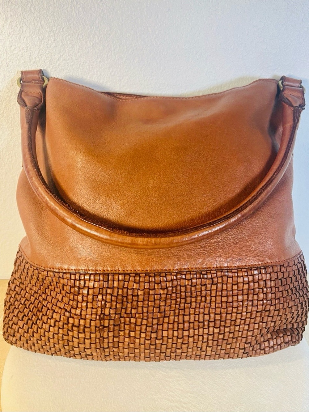 Marta Ponte Genuine Leather Cognac Woven Accent Shoulder Bag.
